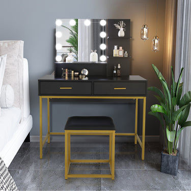 Black, Particleboard, Steel Frame, Two-drawer, Three-tier Shelf, Dressing Table Set